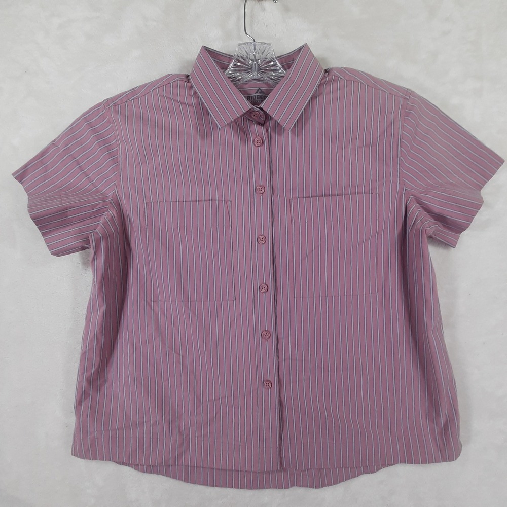 Ridgecut Toughwear Women L Pink Striped Short Sleeve Button Up Work Shirt Pocket